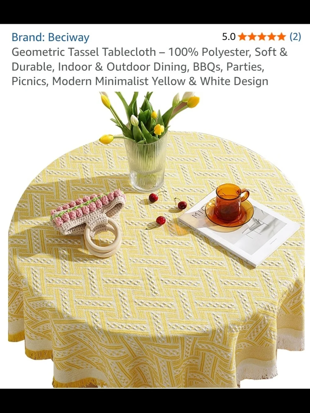 Yellow & White Geometric Tassel Tablecloth - New 51.18 Inches Round